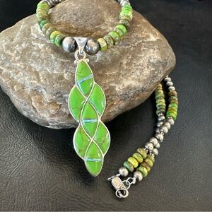 Vibrant Green Turquoise Gaspeite Opal Sterling Silver Necklace 20” 19548